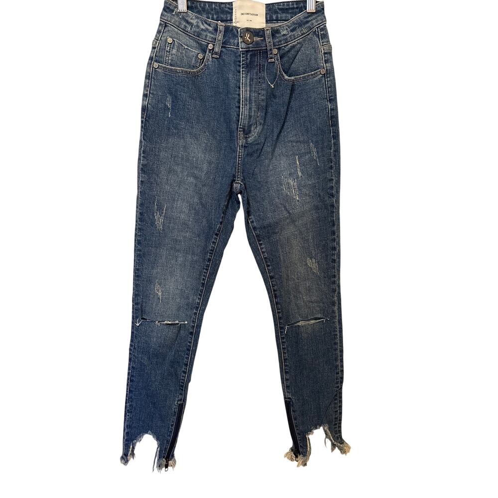 One Teaspoon Sz 26 Super High Waist Freebirds II Chewed Hem Denim Blue Jeans